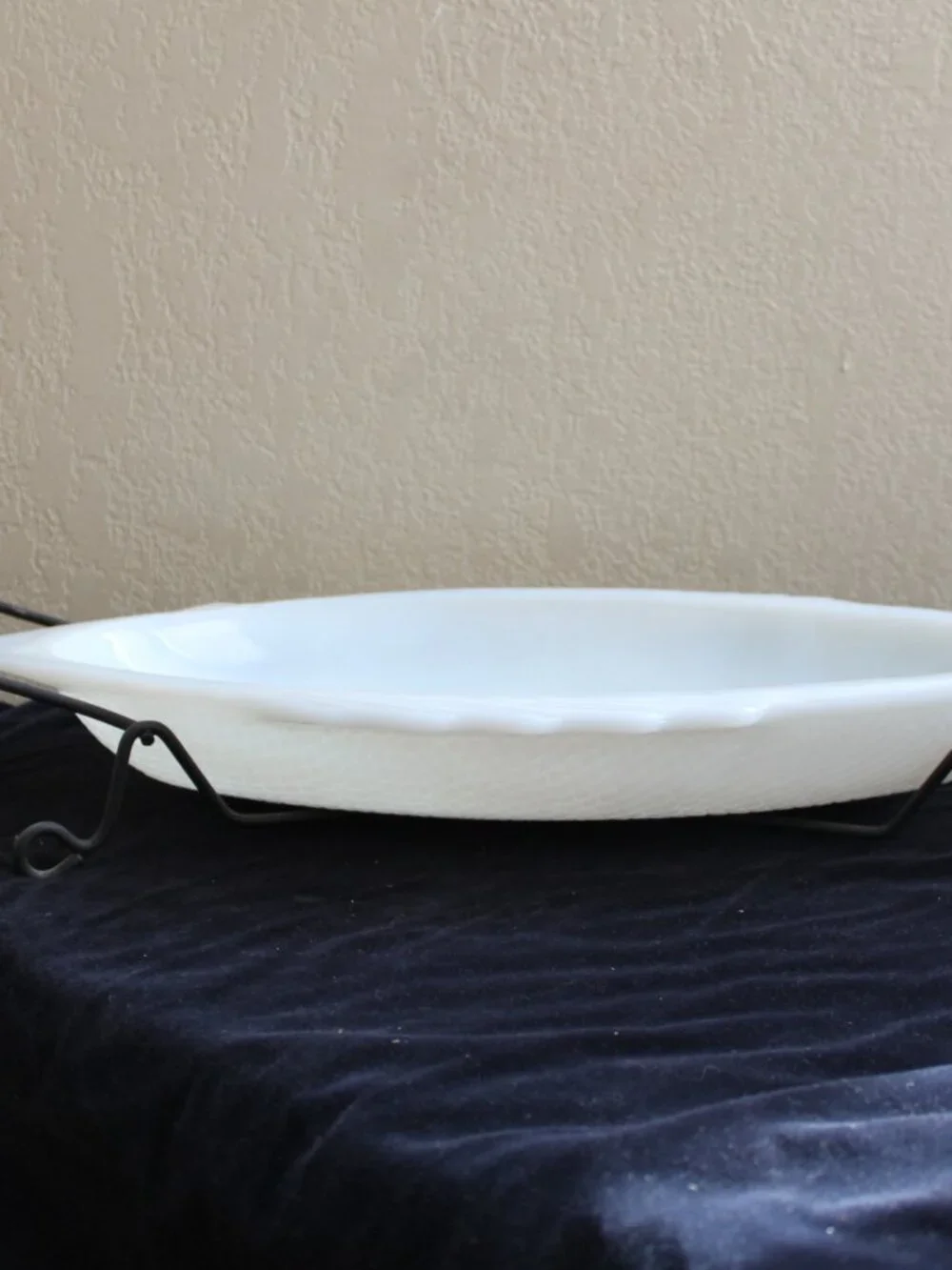 Vintage GlasBake Milk Glass White Fish Serving Dish With Iron Rack MCM
